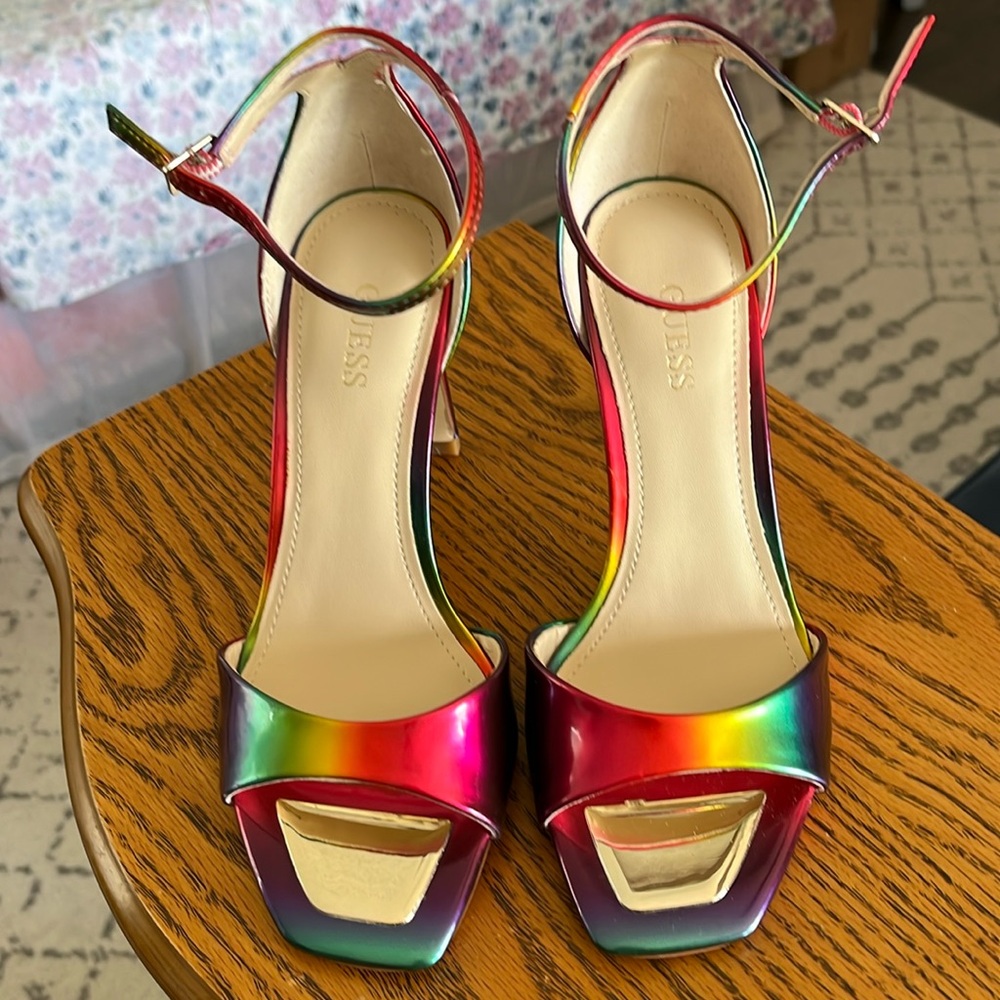GUESS Divine Pink Multi/ Rainbow heels. Mid-heel, 3 1/2”.